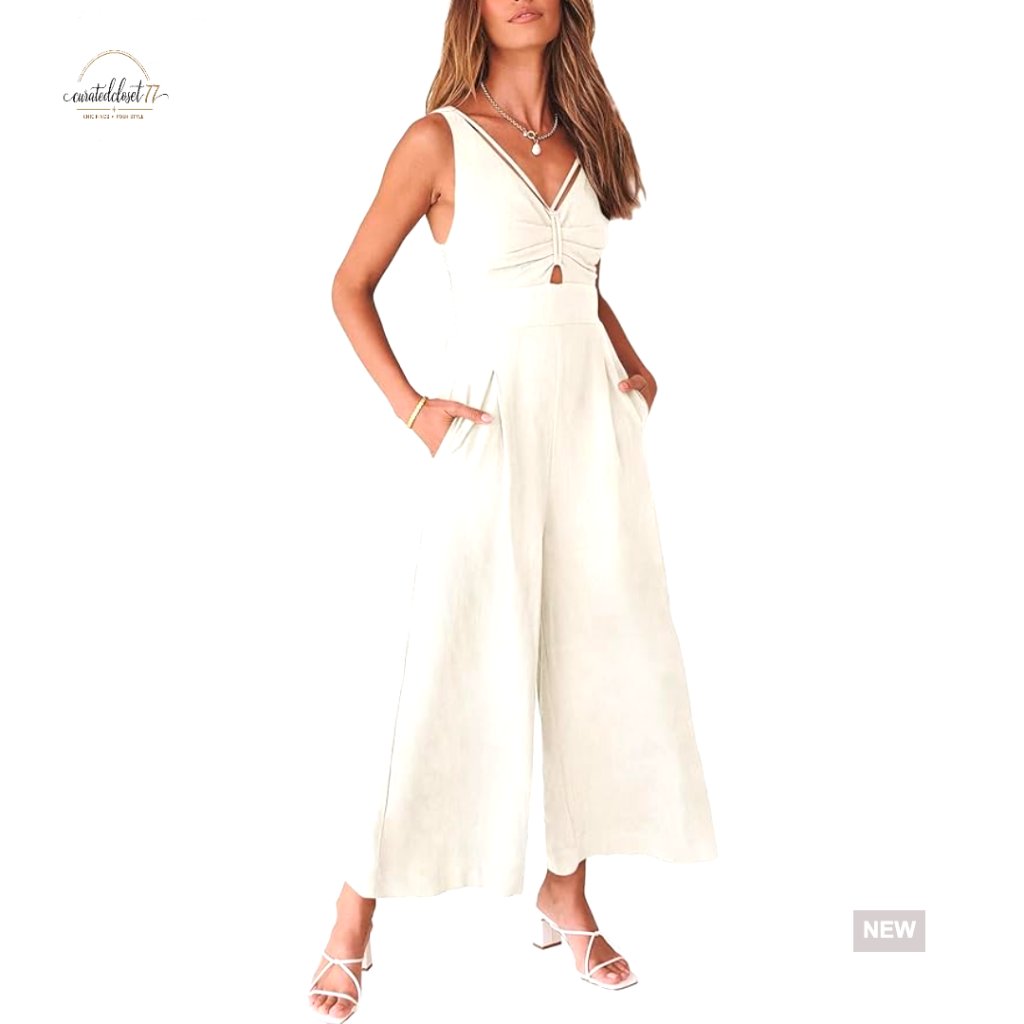 Sleeveless Linen Jumpsuit Wide Leg V-Neck Backless Summer Romper